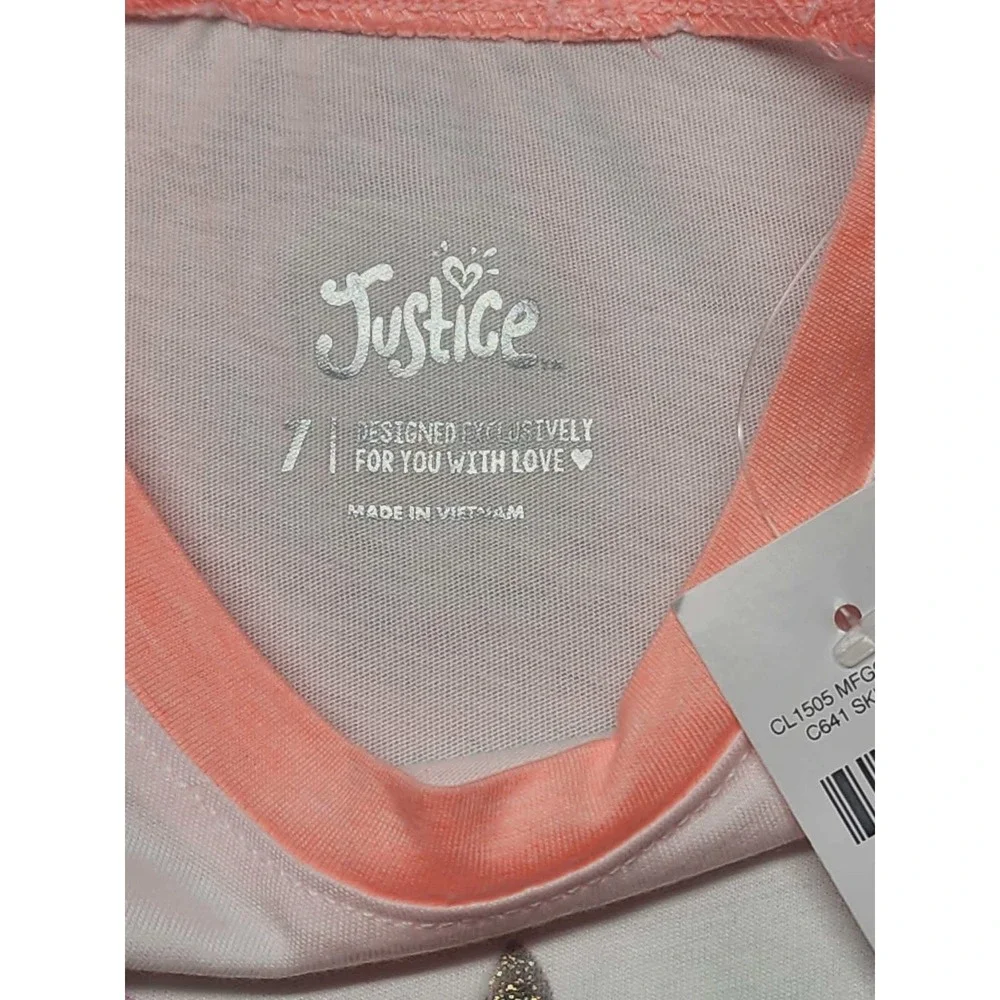Justice Girls Size 7 Unicorn Raglan Long Sleeve Tee White Peach Glitter Graphic